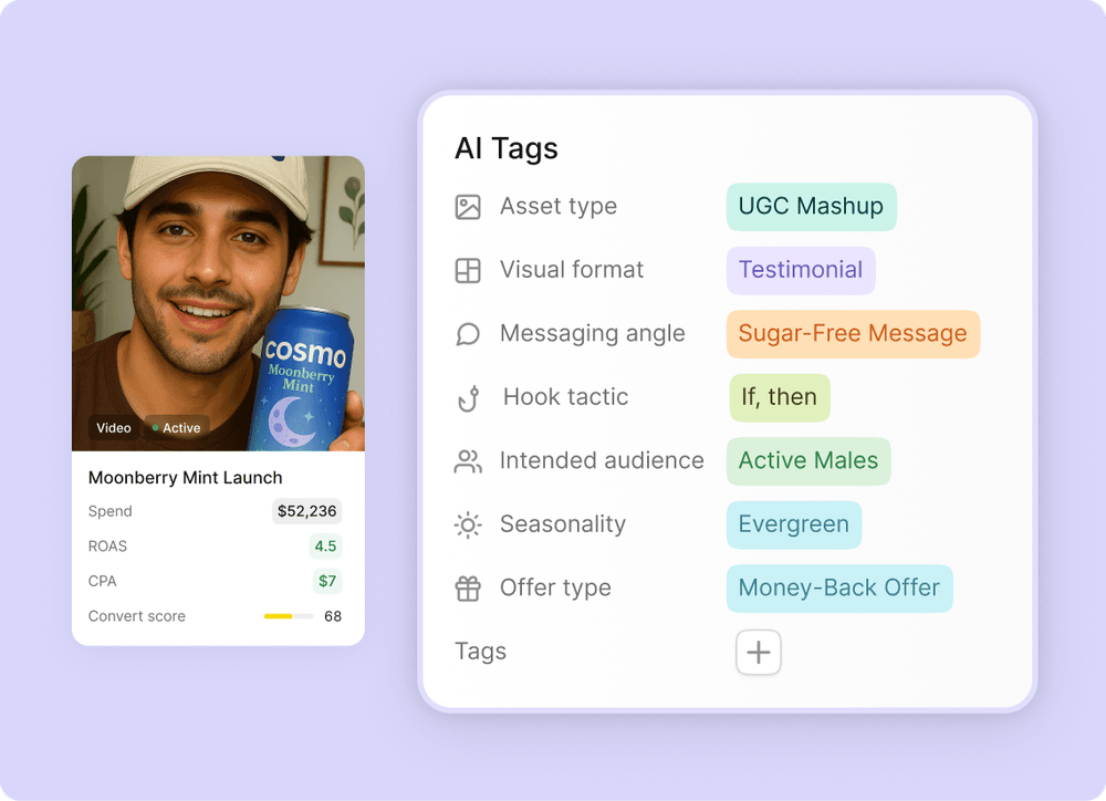 Man holding a can next to a card displaying AI tags and campaign details.